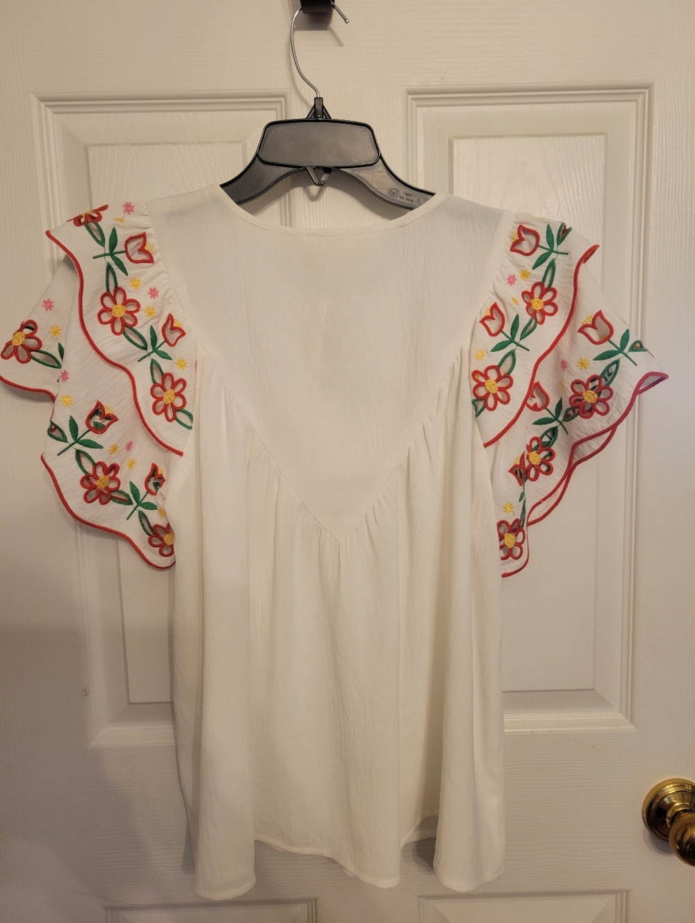 Oddi White Embroidered Flutter-Sleeve Blouse with Tie Neck - Picture 6 of 7